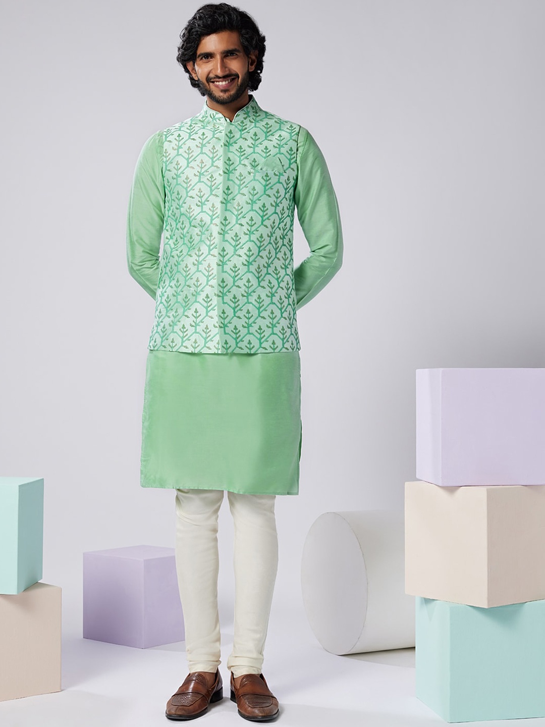 

KISAH Mandarin Collar Straight Kurta & Churidar With Nehru jacket, Sea green