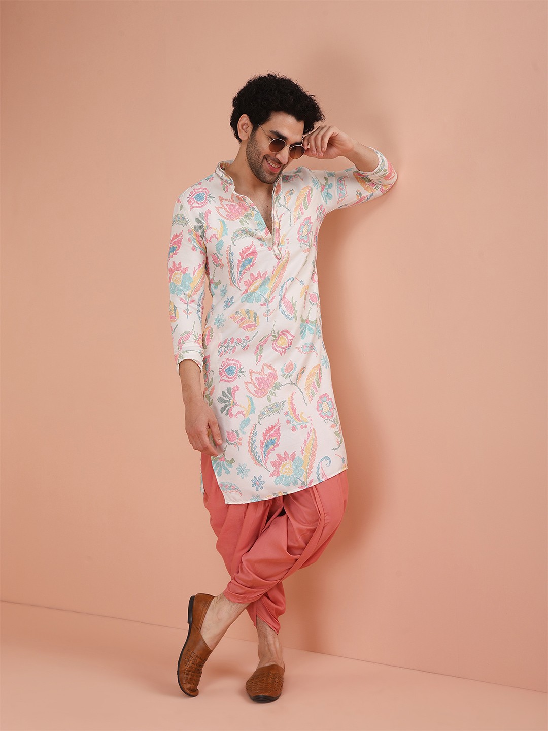

KISAH Floral Printed Mandarin Collar Kurta With Dhoti Pants, Cream