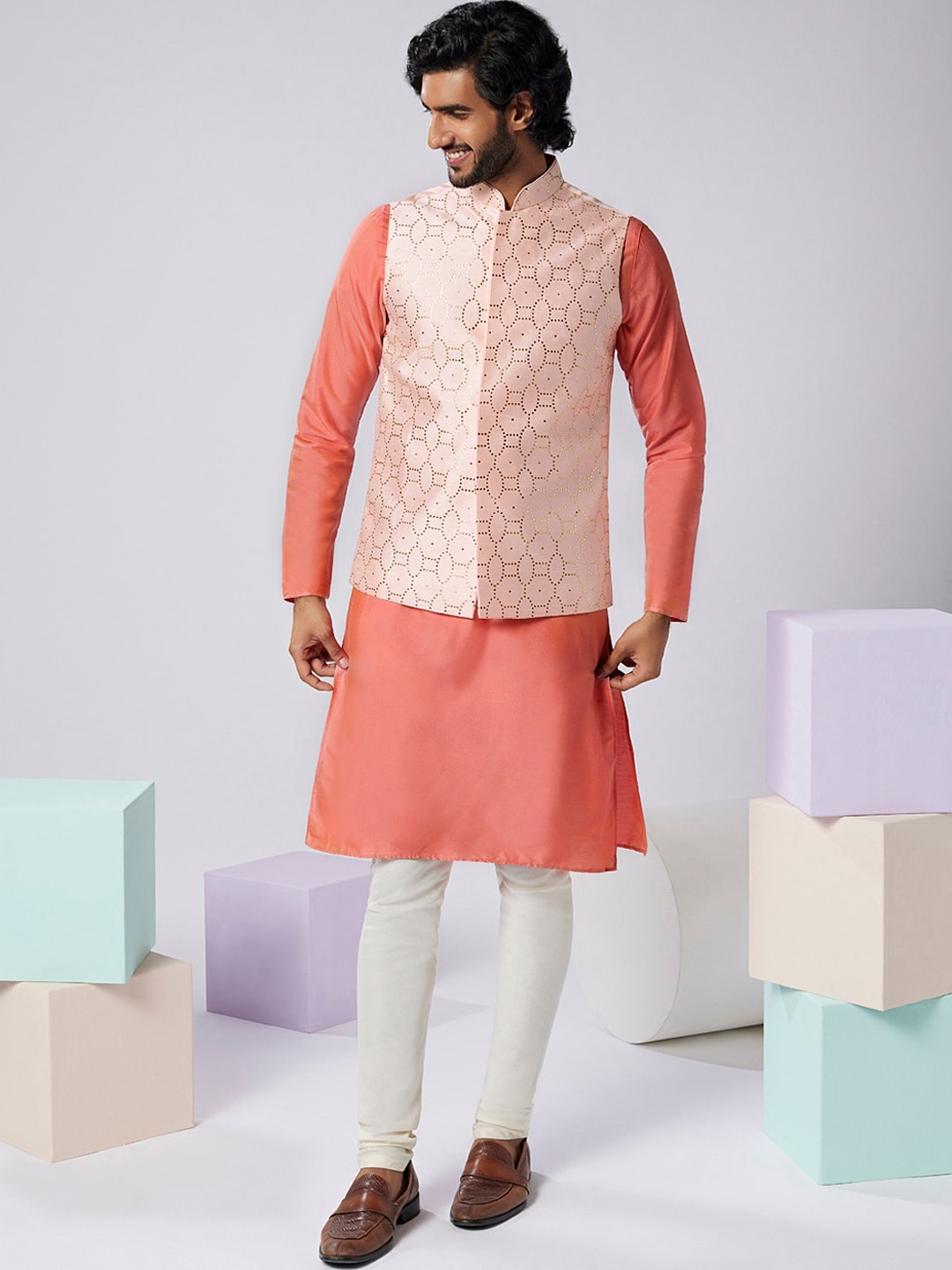 

KISAH Men Pink Regular Kurta With Churidar And Nehru Jacket Set