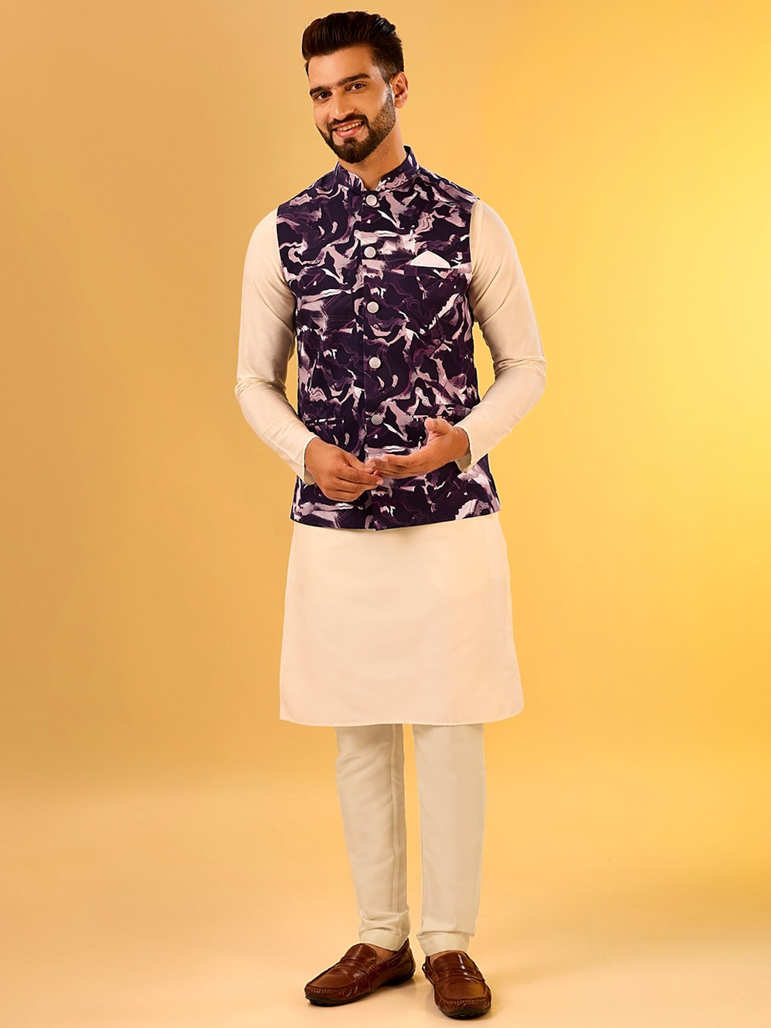 

KISAH Mandarin Collar Straight Kurta with Churidar & Nehru Jacket, Cream