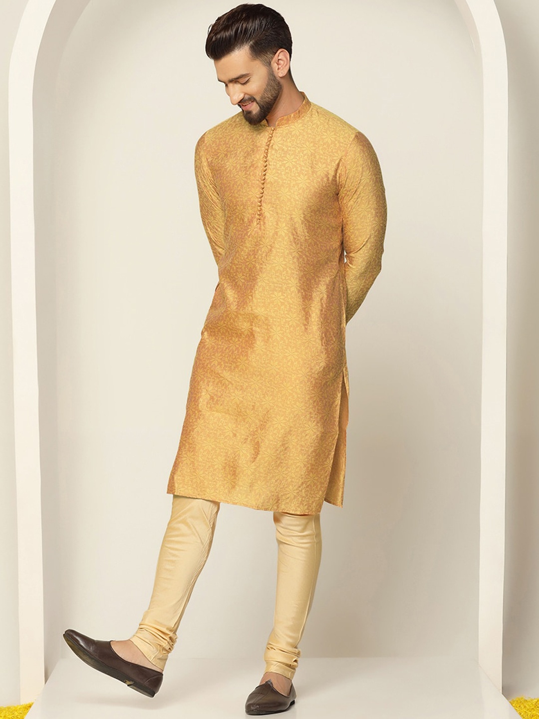 

KISAH Ethnic Motifs Woven Design Straight Kurta with Churidar, Mustard