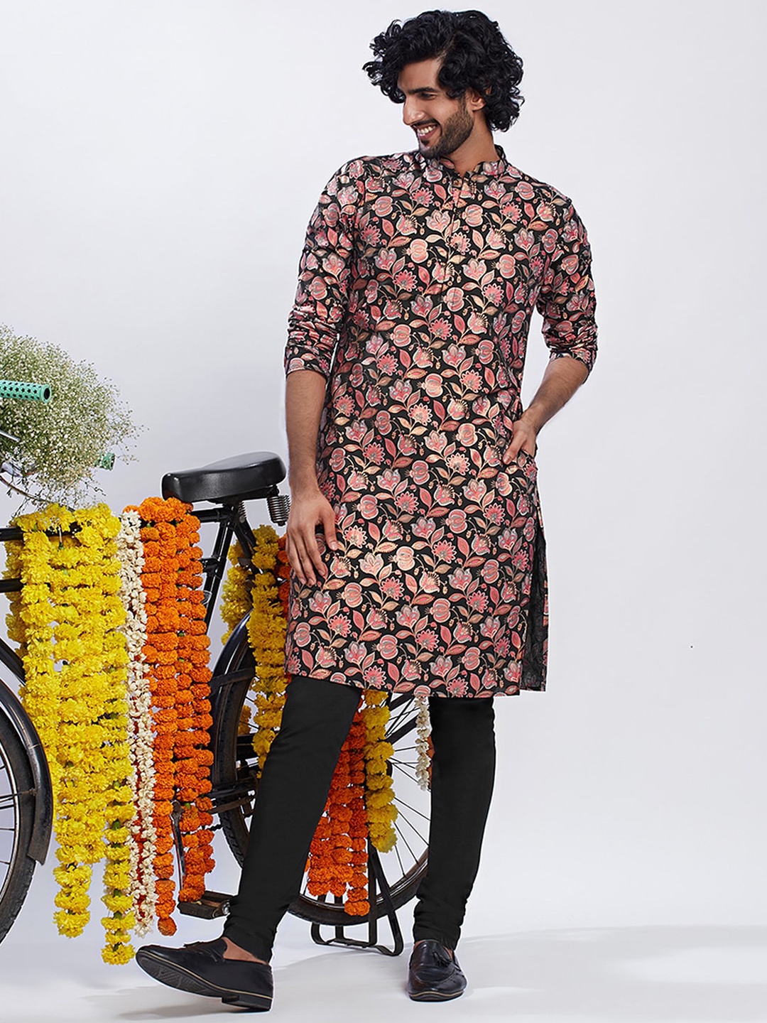 

KISAH Floral Printed Straight Pure Cotton Kurta with Churidar Set, Black