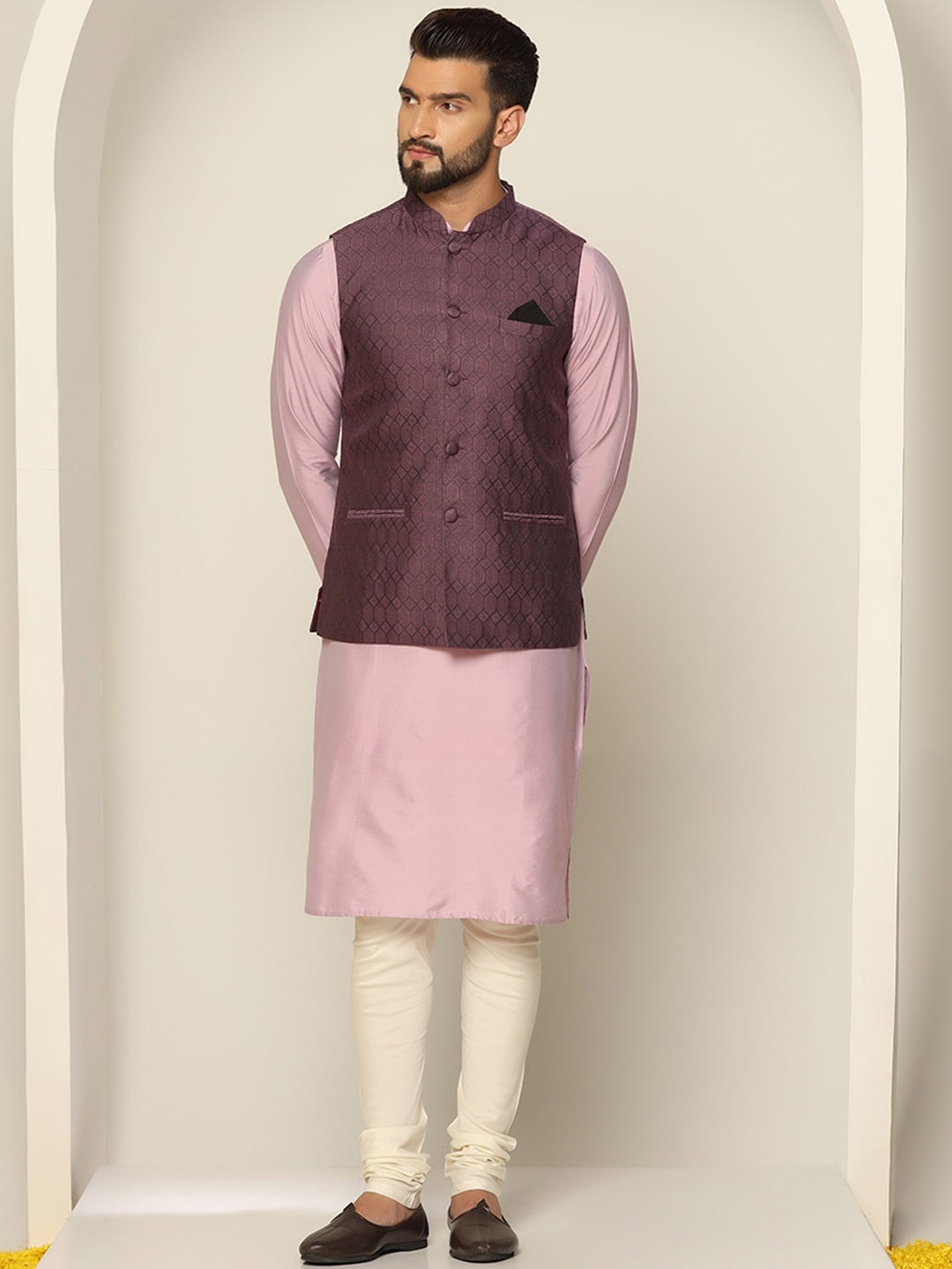 

KISAH Mandarin Collar Straight Kurta with Churidar With Nehru Jacket, Pink