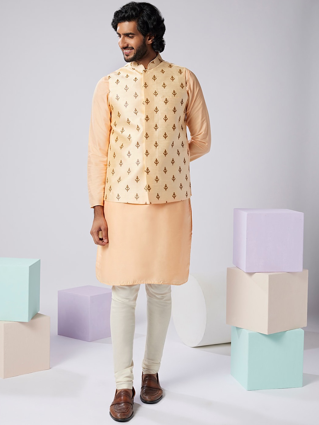 

KISAH Regular Kurta With Churidar & Nehru Jacket, Nude