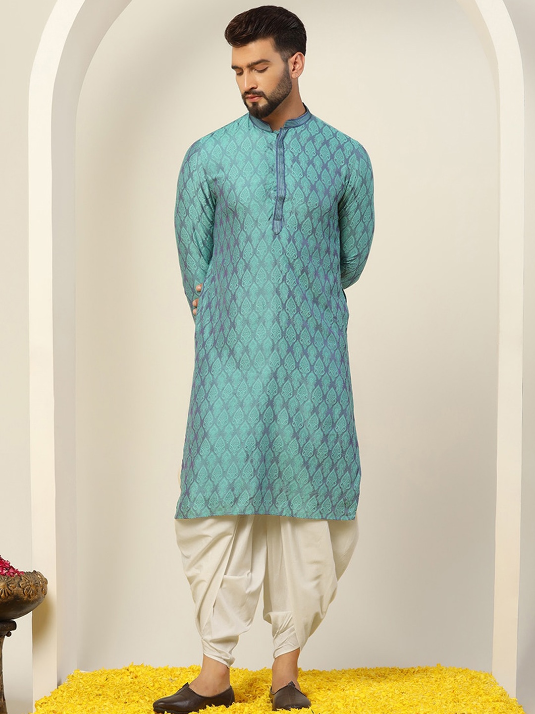 

KISAH Ethnic Motifs Jacquard Kurta with Dhoti Pants Set, Blue