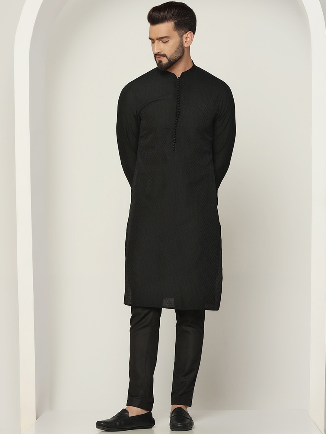 

KISAH Self Designed Mandarin Collar Regular Kurta with Pyjamas, Black