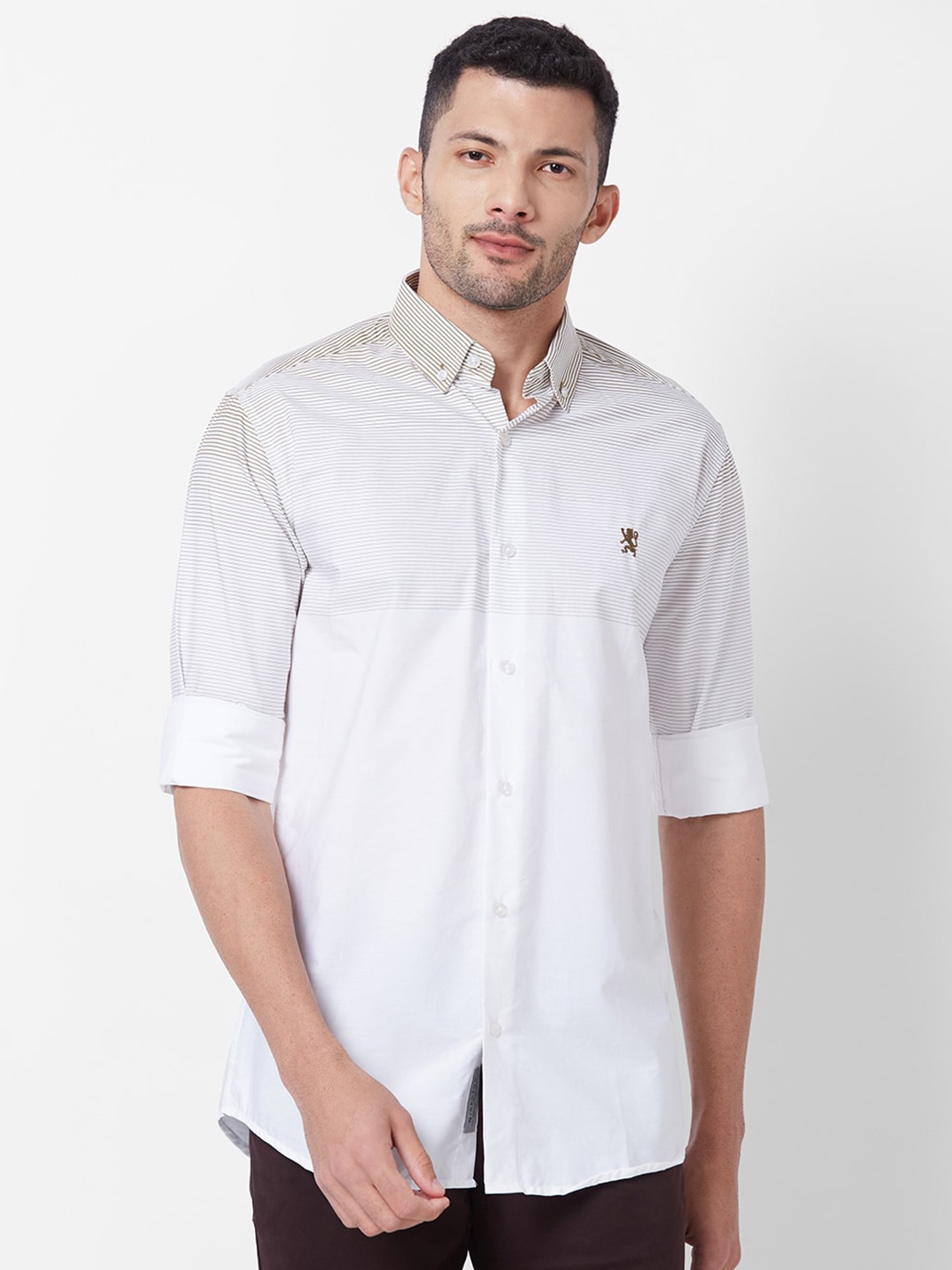 

GIORDANO Slim Fit Horizontal Striped Button Down Collar Pure Cotton Casual Shirt, Coffee brown