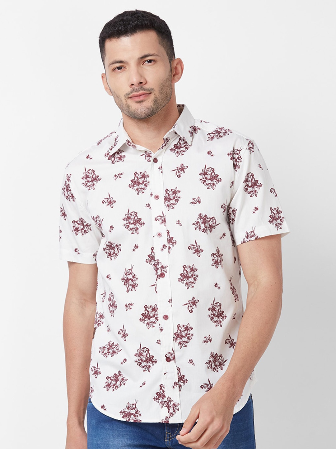 

GIORDANO Floral Printed Slim Fit Pure Cotton Casual Shirt, White