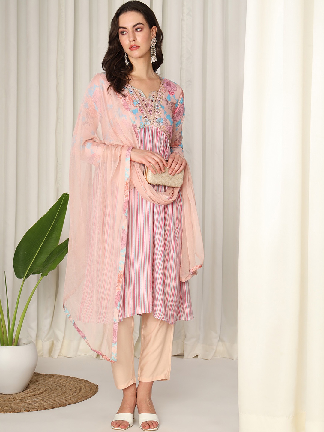 

ASPORA Striped Empire V-Neck Sequinned Kurta with Trousers & Dupatta, Pink
