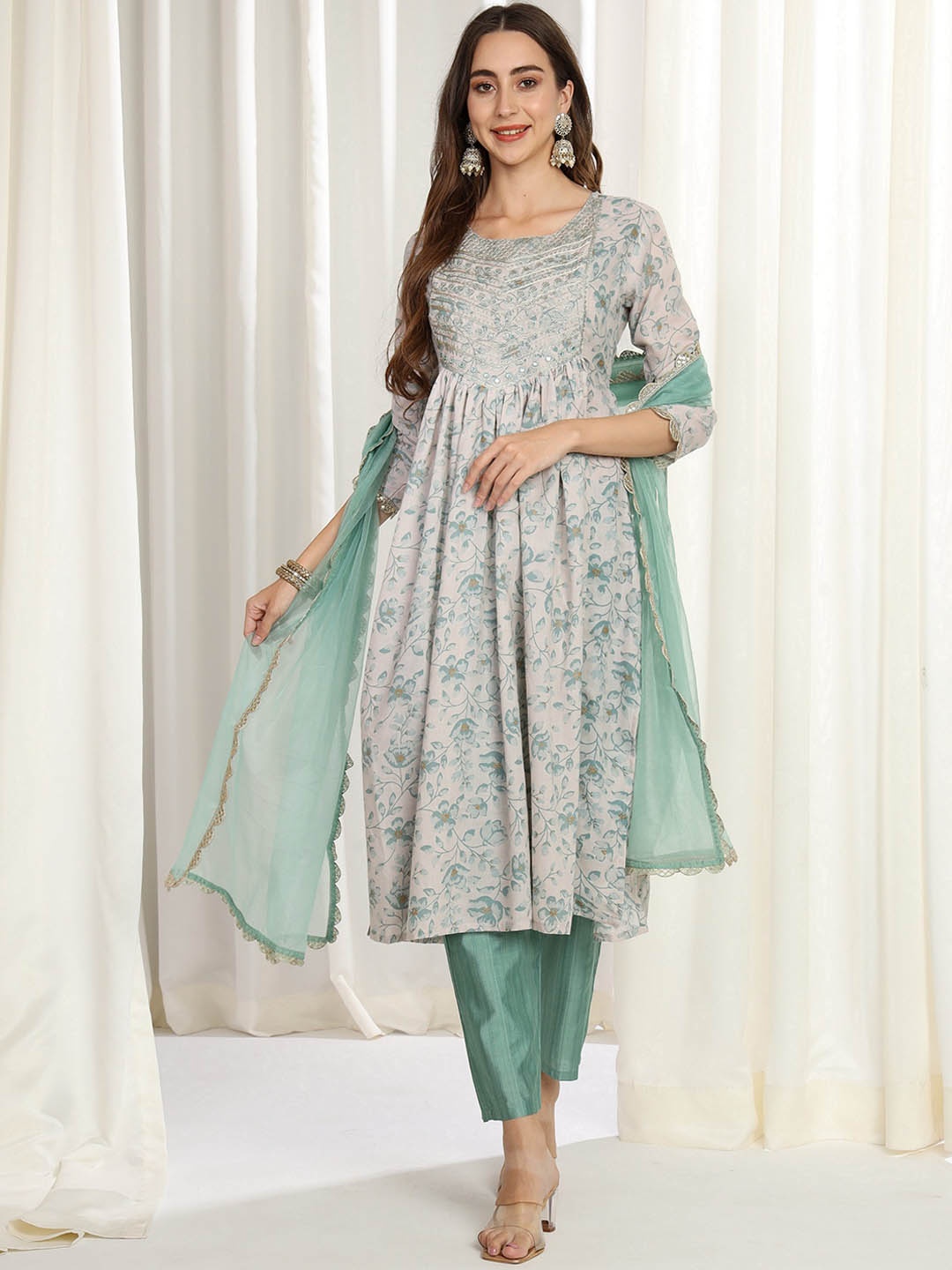 

ASPORA Women Sea Green Floral Printed Empire Sequinned Pure Cotton Kurta with Trousers & With Dupatta