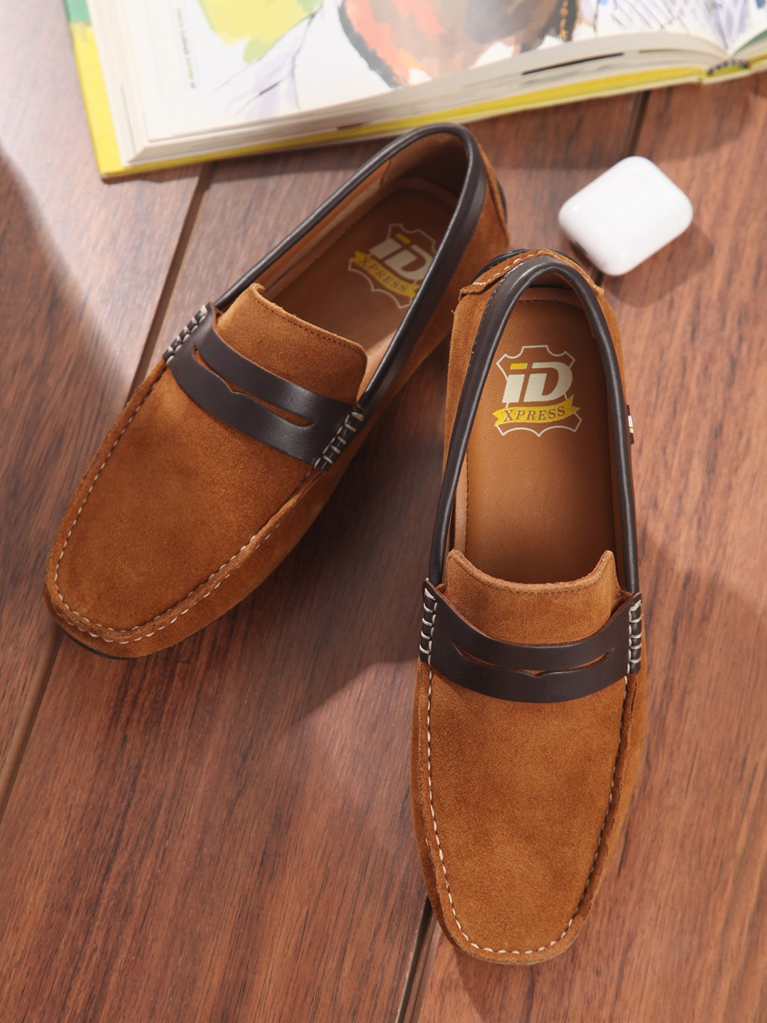 

ID Men Slip-On Leather Lightweight Anti-Skid Penny Loafers, Tan