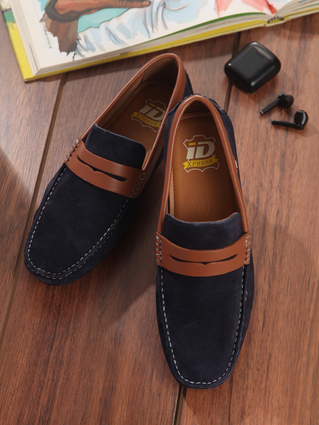 

ID Men Leather Lightweight Square Toe Comfort Insole Loafers, Navy blue