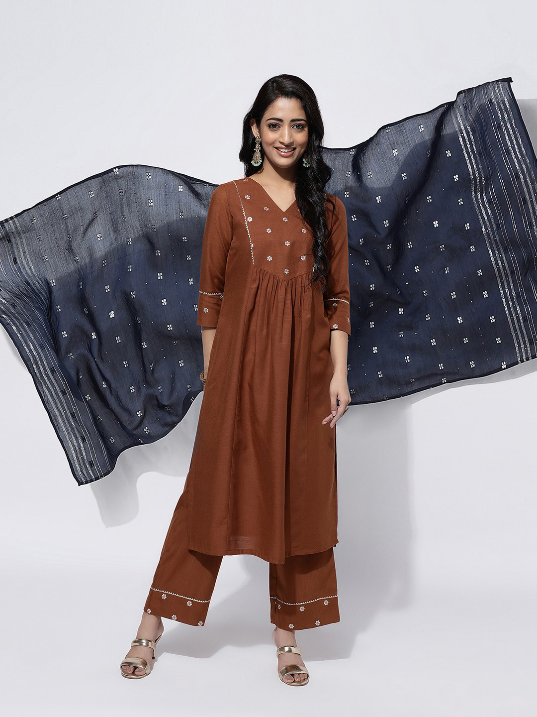 

KALINI Floral Yoke Design Empire Thread Work Kurta With Trousers & Dupatta, Brown