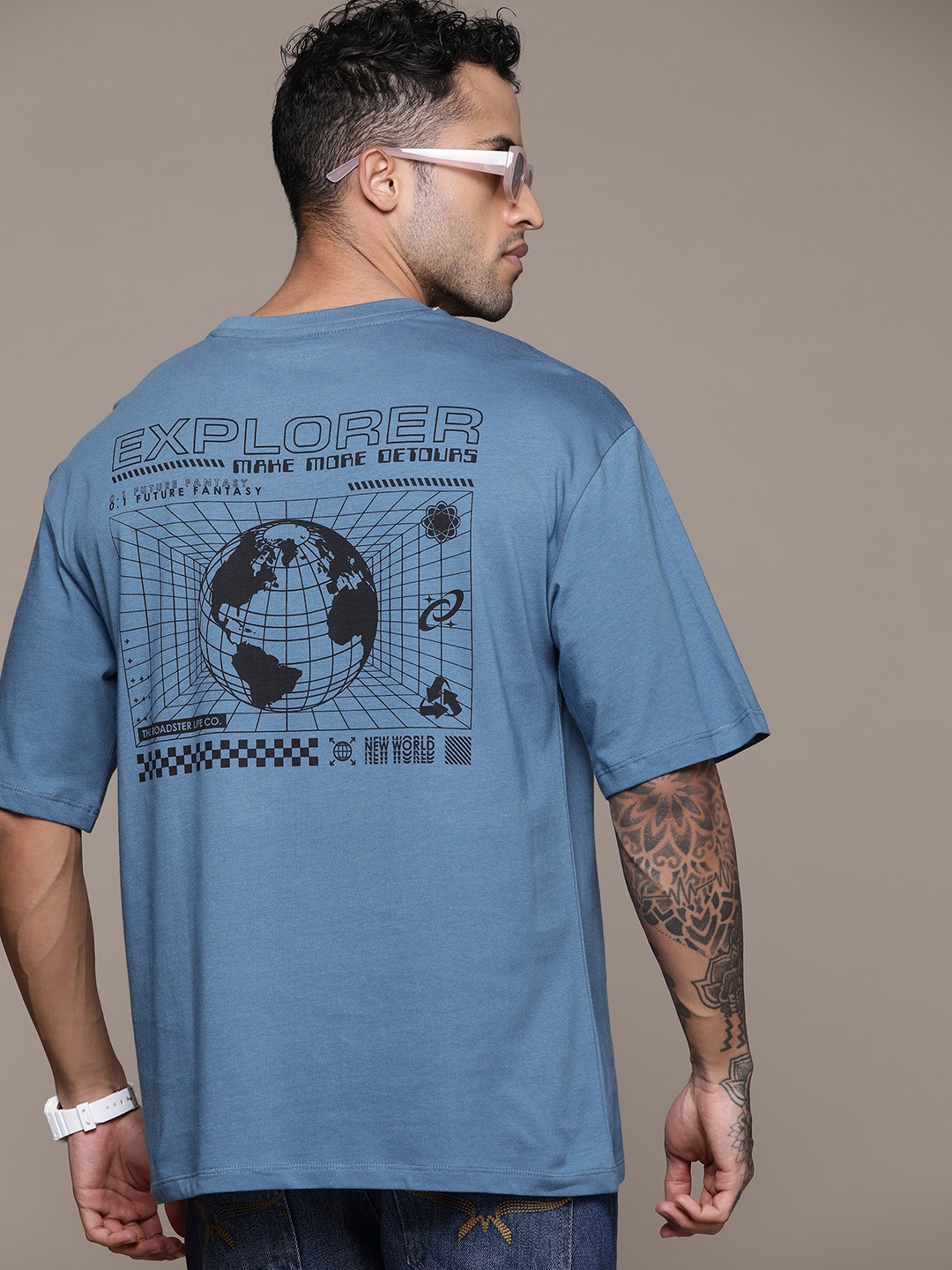 

The Roadster Lifestyle Co. Printed Relaxed Pure Cotton T-shirt, Blue