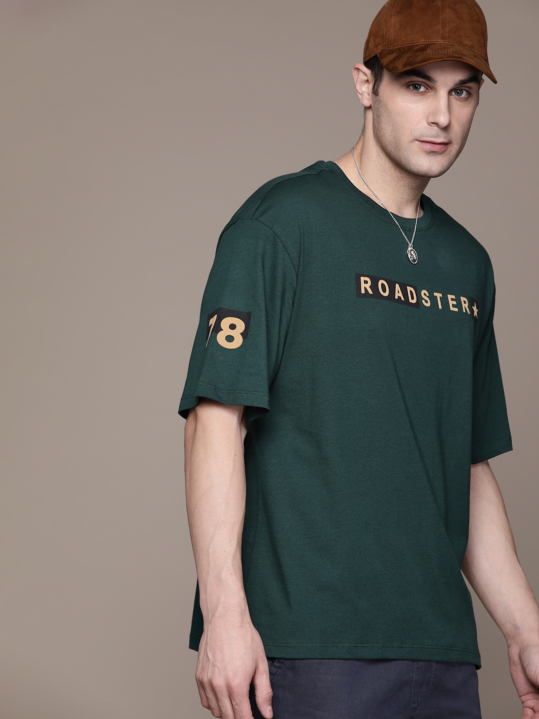 

The Roadster Lifestyle Co. Oversized Fit Brand Logo Printed Pure Cotton T-shirt, Green