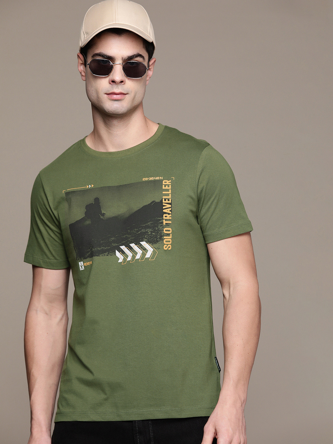 

The Roadster Lifestyle Co. Printed Pure Cotton T-shirt, Olive