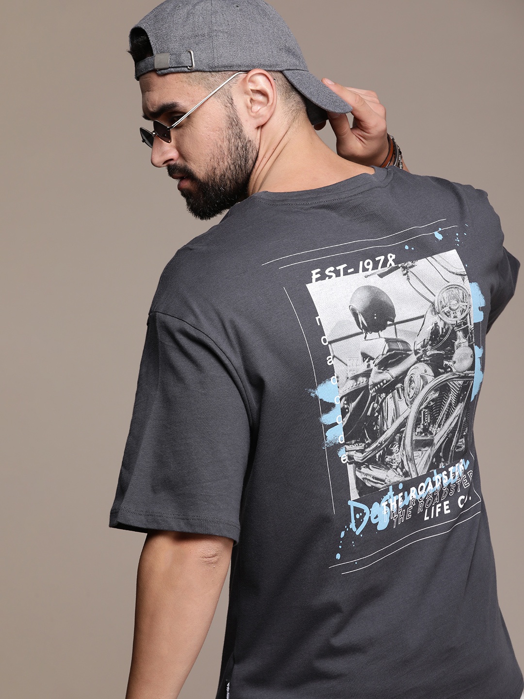 

The Roadster Life Co. Pure Cotton Graphic Printed Drop-Shoulder Sleeves Casual T-shirt, Grey