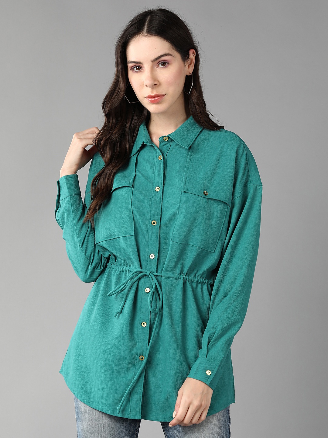 

The Roadster Lifestyle Co. Shirt Style Tunic With Waist Tie-Up, Green