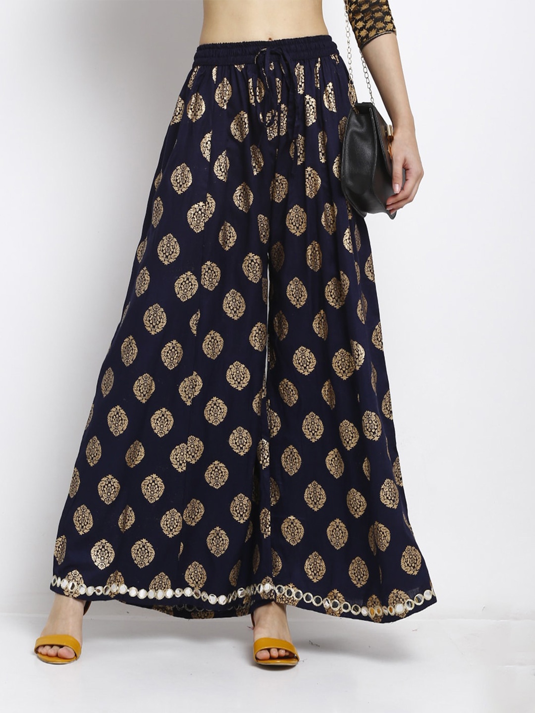 

Trend Level Floral Printed Flared Knitted Palazzos, Navy blue