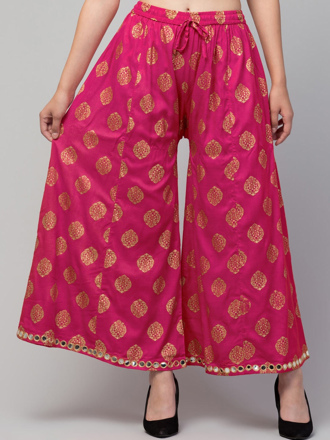 Trend Level Women Ethnic Motifs Printed Flared Knitted Palazzos, Magenta