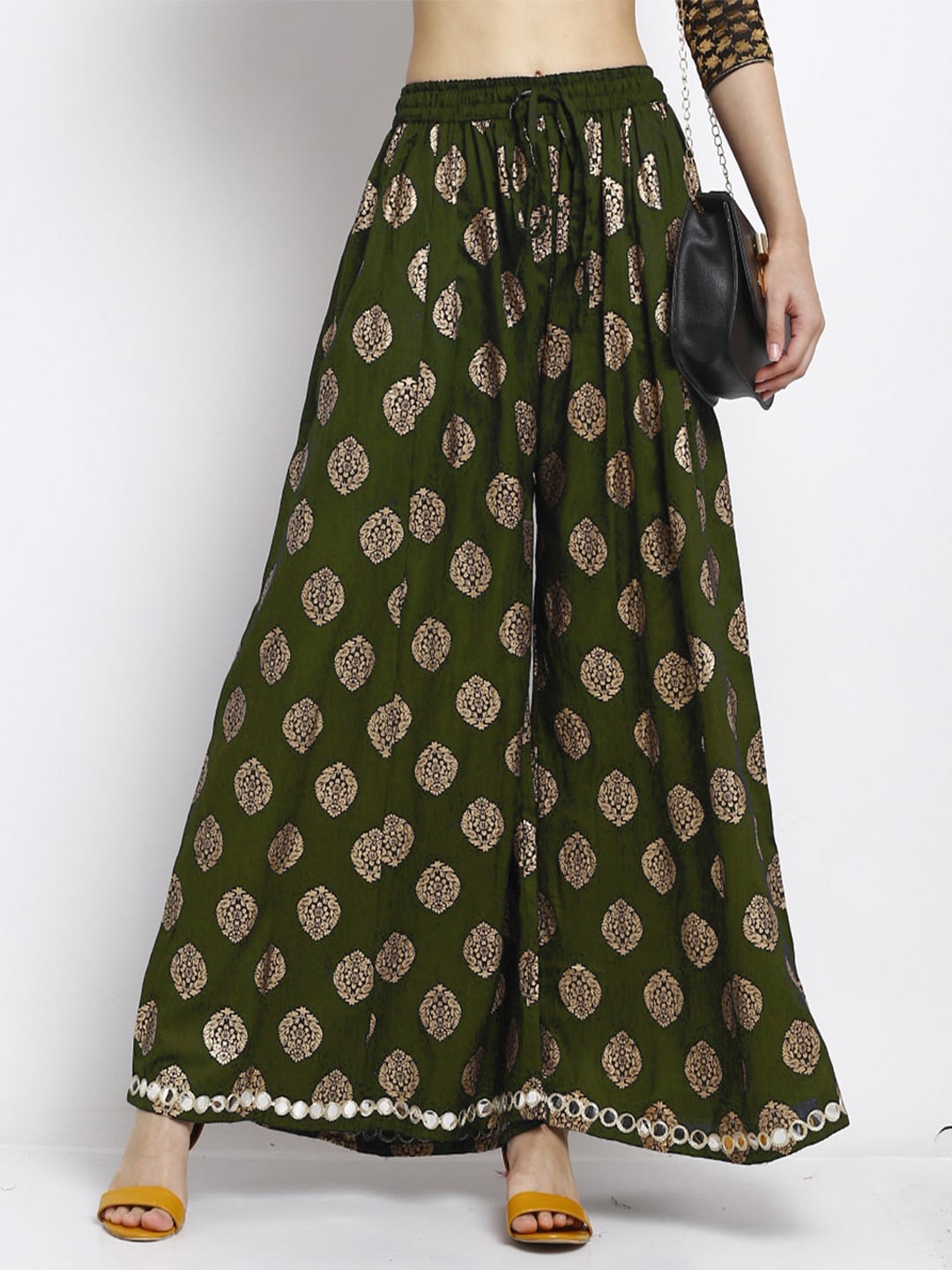 

Trend Level Ethnic Motifs Printed Flared Knitted Palazzos, Olive
