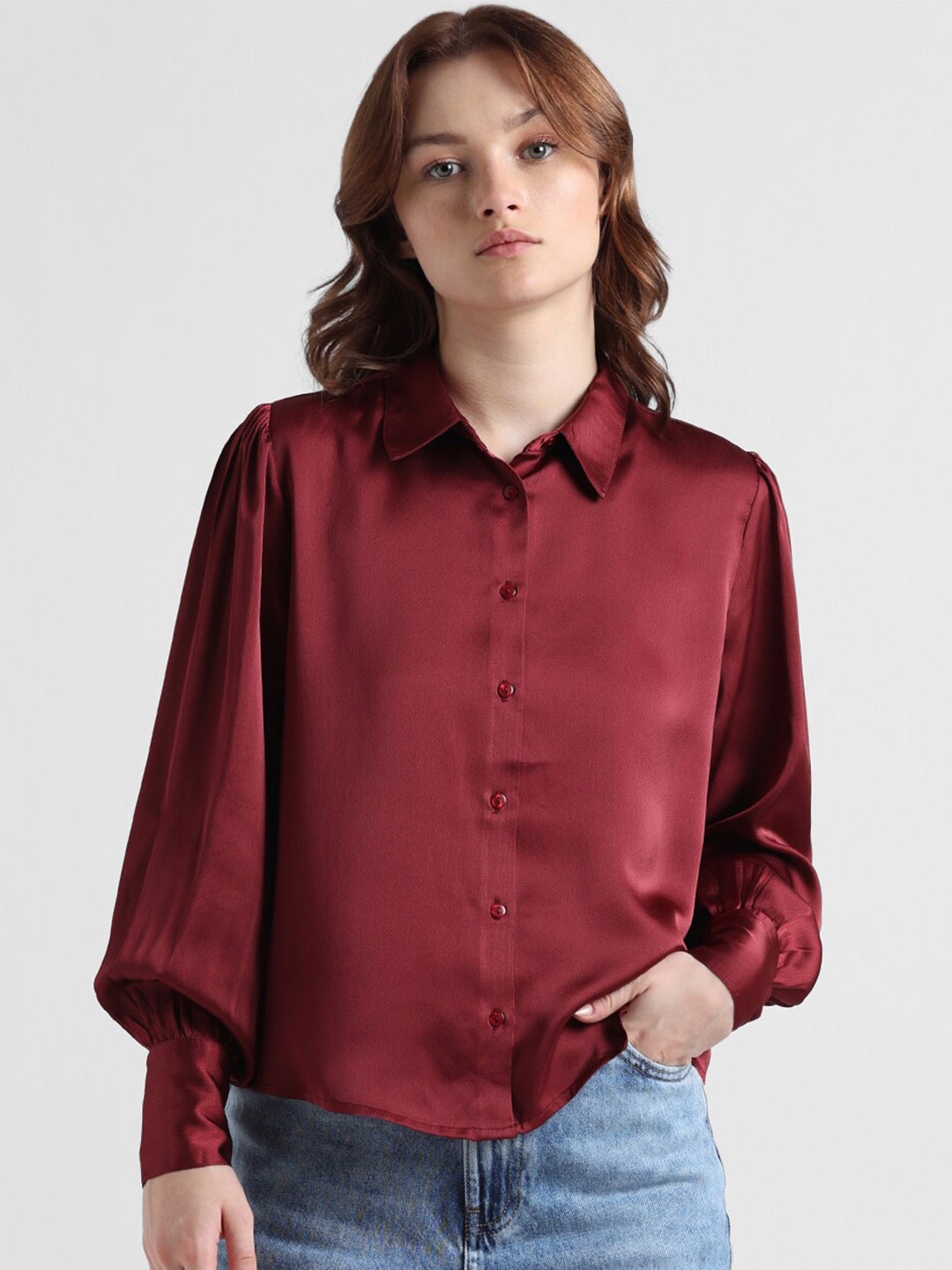 

ONLY Onlsaul LS Spread Collar Casual Shirt, Maroon
