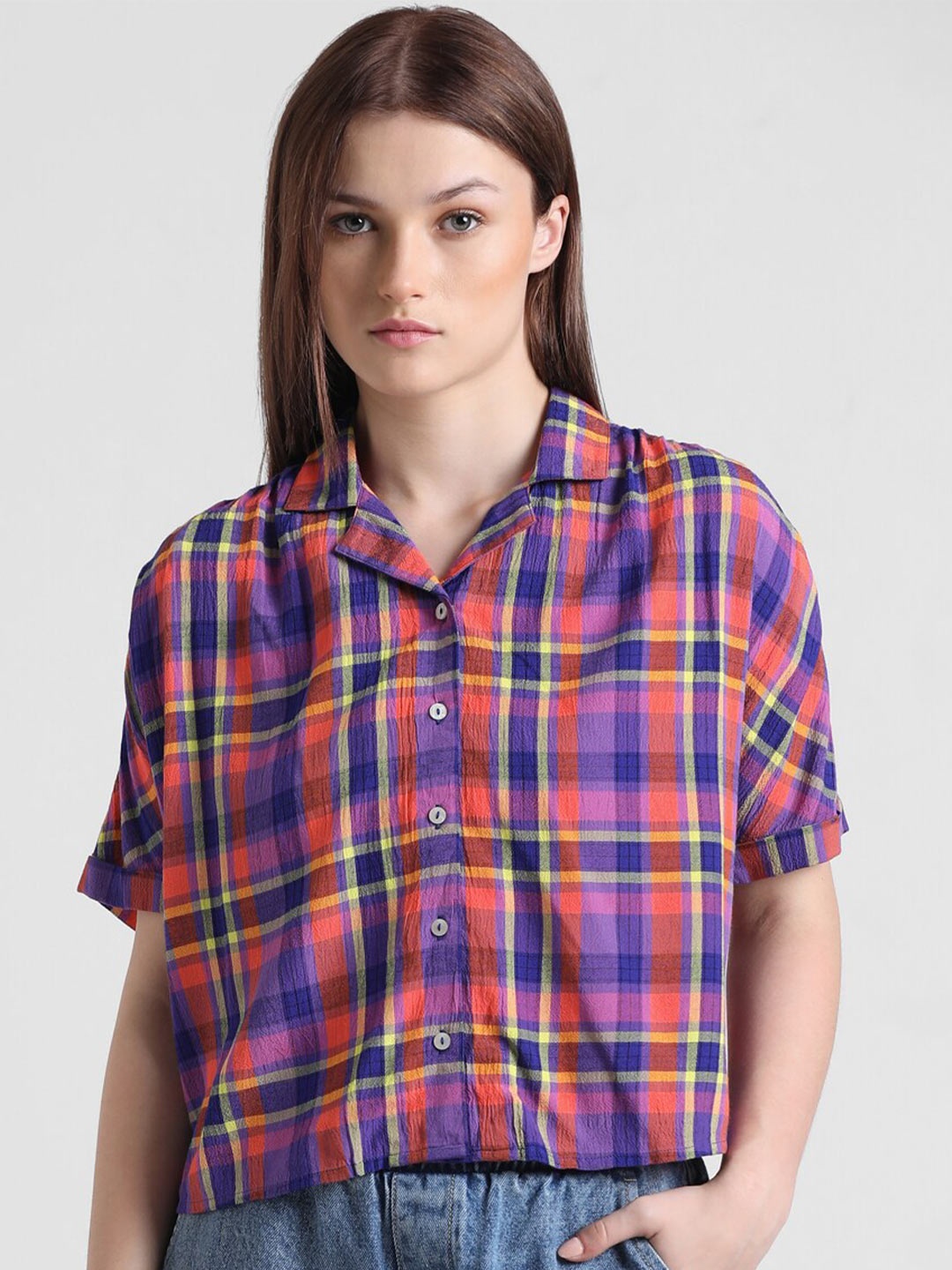 

ONLY Onlvernon Tartan Checked Spread Collar Casual Shirt, Orange