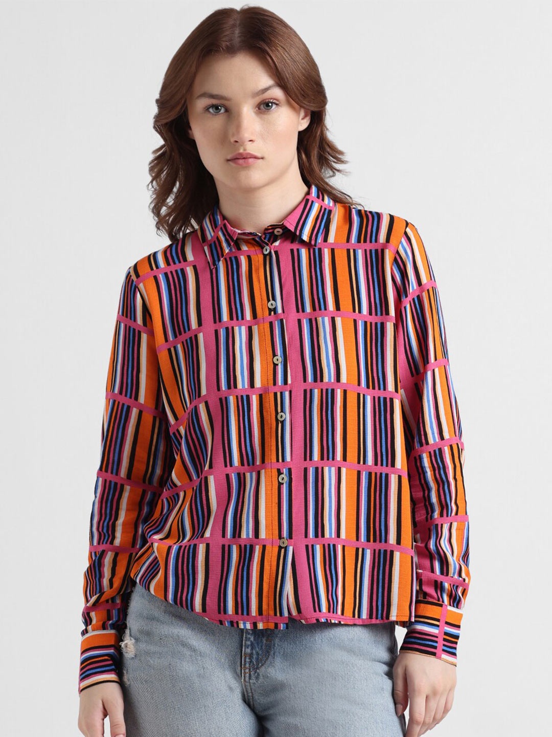 

ONLY Onltofu Lia Striped Spread Collar Knitted Casual Shirt, Orange