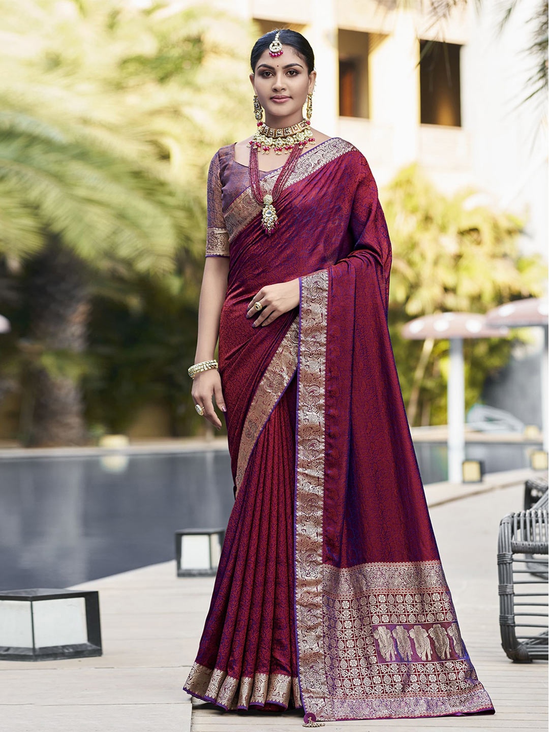 

Mitera Red Ethnic Motifs Woven Design Zari Art Silk Saree