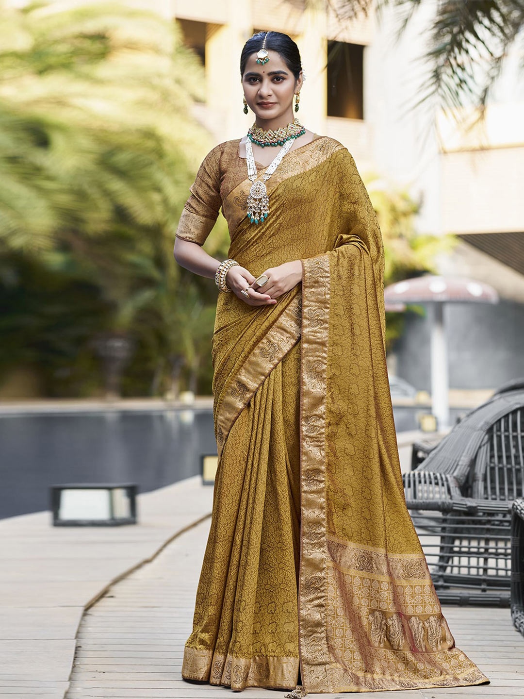 

Mitera Mustard Yellow Ethnic Motifs Woven Design Zari Art Silk Saree