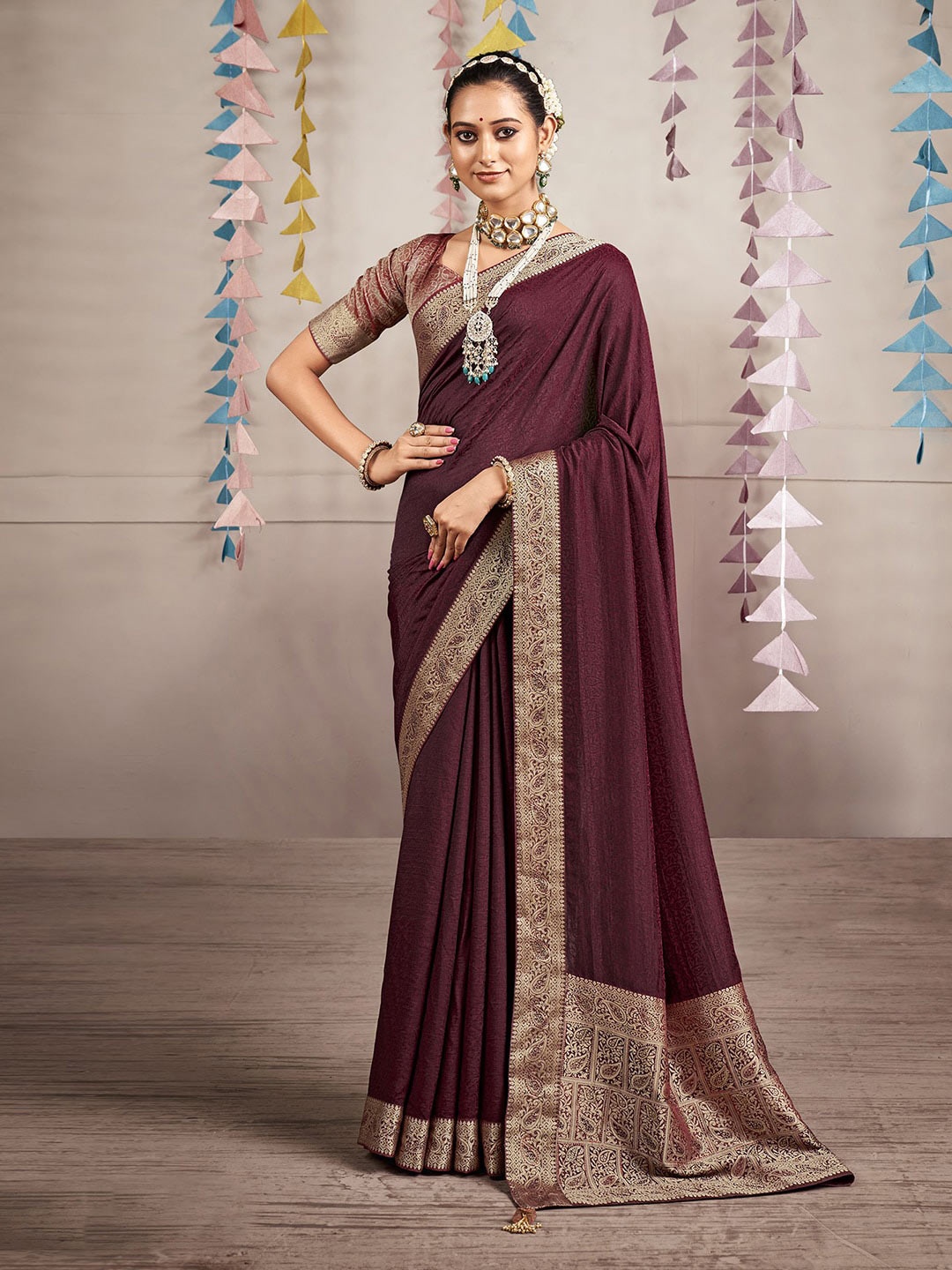 

Mitera Maroon Ethnic Motifs Printed Zari Art Silk Saree