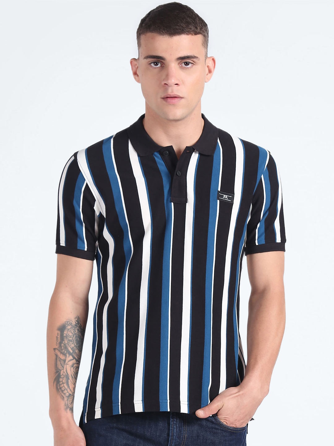 

Flying Machine Striped Polo Collar Cotton T-shirt, Blue