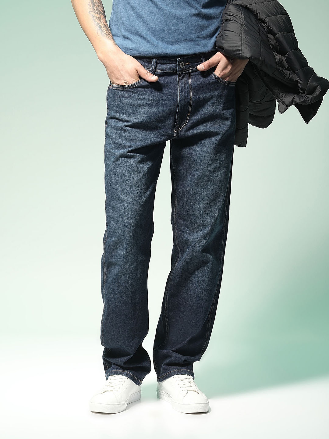 

Flying Machine Relaxed Fit High-Rise Light Fade Cotton Jeans, Navy blue