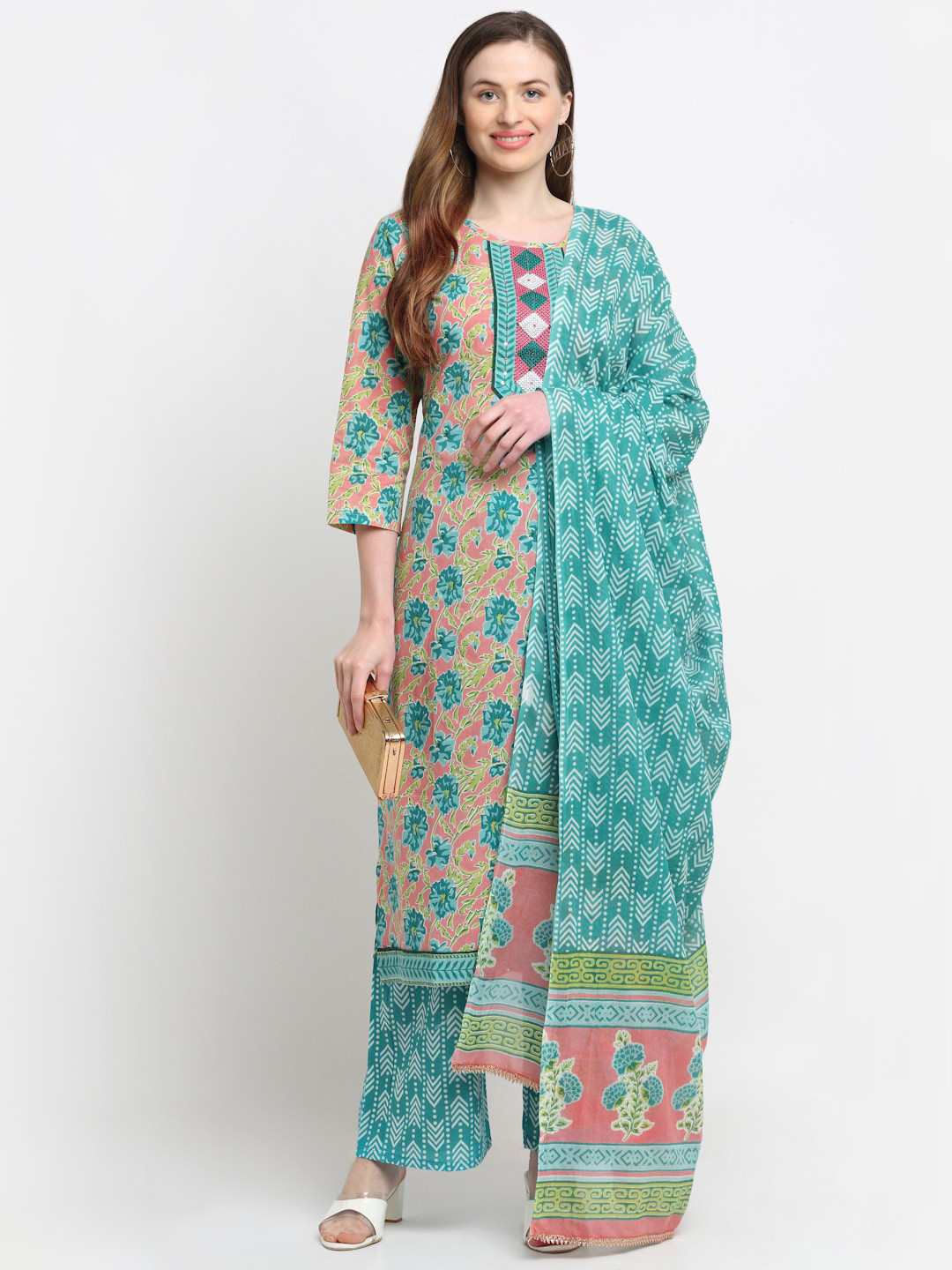 

Kamayra Floral Printed Regular Aari Work Pure Cotton Kurta & Palazzos With Dupatta, Turquoise blue