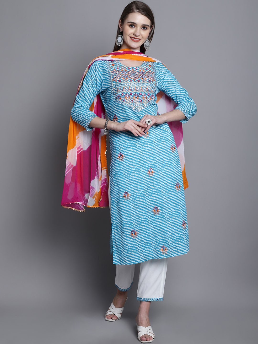 

Kamayra Leheriya Striped Empire Thread Work Pure Cotton Kurta & Trousers With Dupatta, Turquoise blue