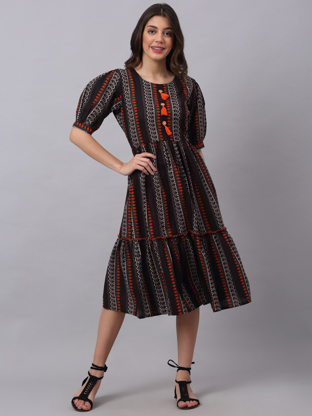 

Kamayra Geometric Printed Puff Sleeve Gathered Cotton Fit & Flare Dress, Black