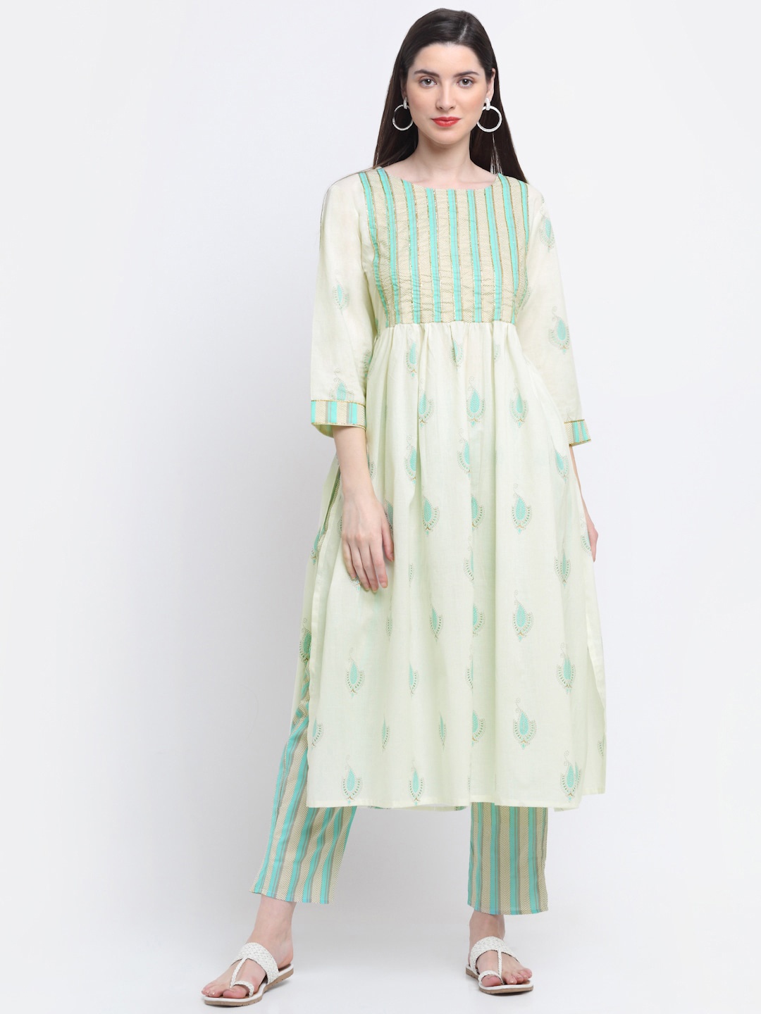 

Kamayra Ethnic Motifs Printed A-Line Pure Cotton Kurta with Palazzos, Cream