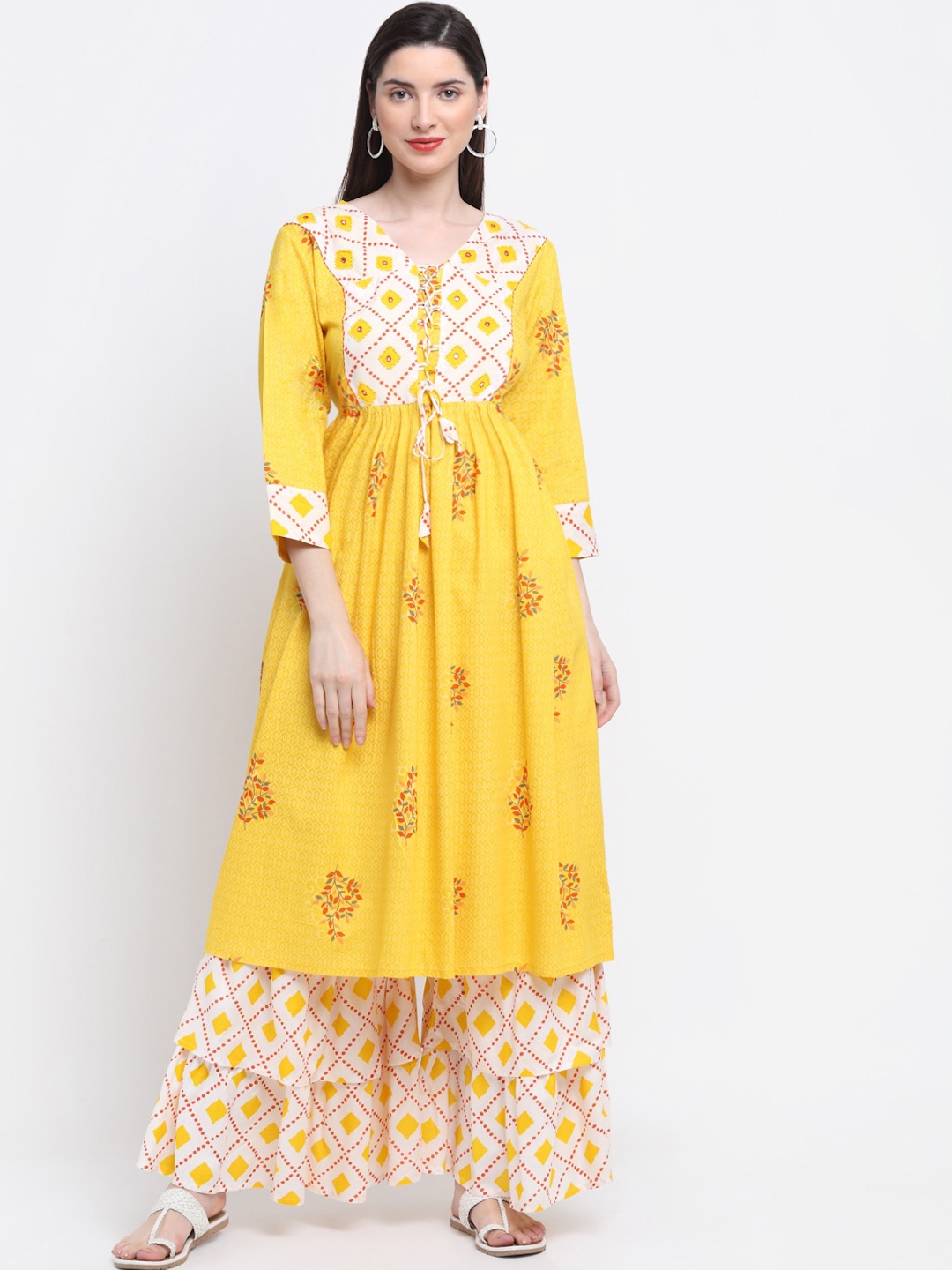 

Kamayra Ethnic Motifs Printed Mirror Work Kurta with Sharara, Yellow