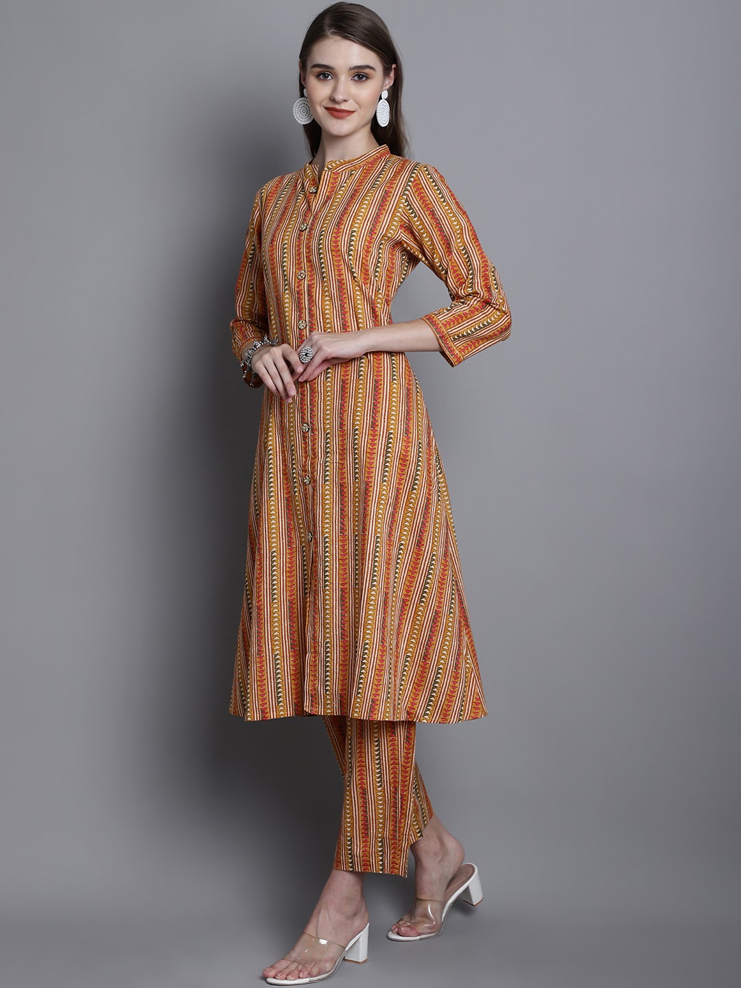 

Kamayra Leheriya Printed Pure Cotton Kurta with Palazzos, Mustard