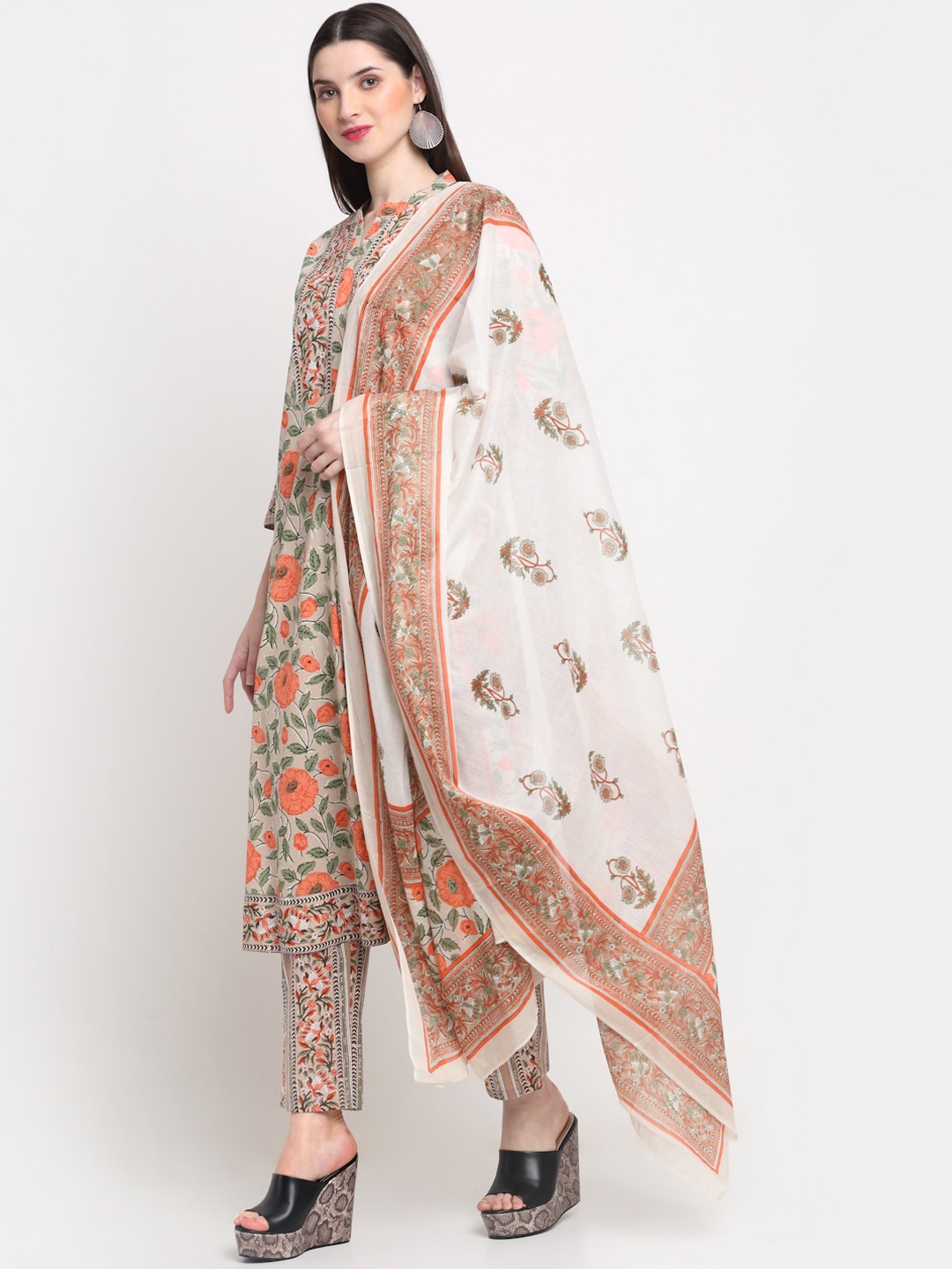 

Kamayra Floral Printed Pure Cotton Kurta & Trousers With Dupatta, Beige