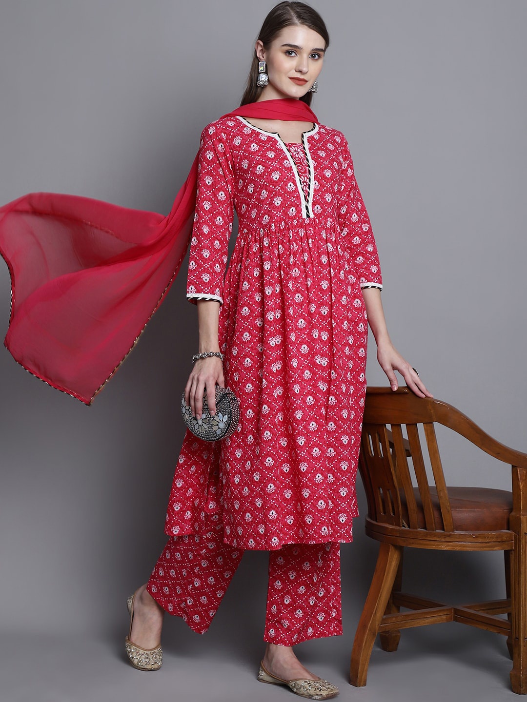 

Kamayra Ethnic Motifs Printed Pure Cotton Kurta & Palazzos With Dupatta, Red