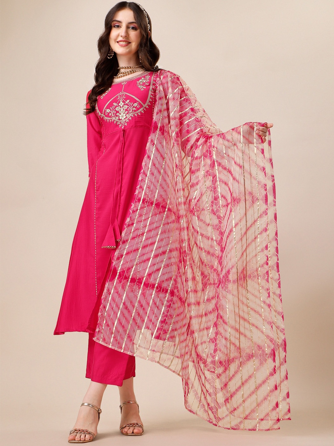 

KALINI Yoke Design Regular Gotta Patti Kurta With Palazzos & Dupatta, Pink
