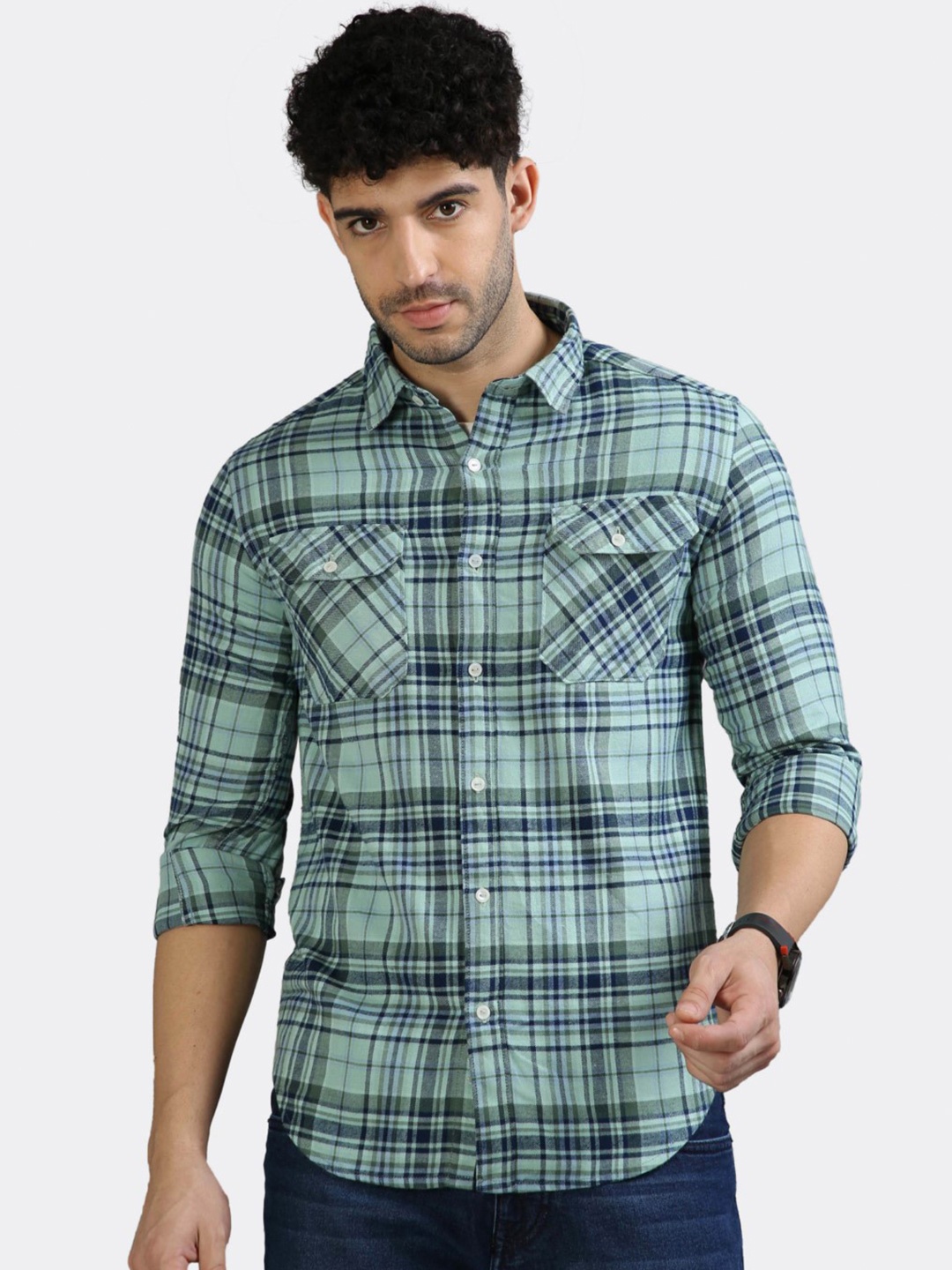 

BADMAASH Slim Fit Tartan Checked Pure Cotton Casual Shirt, Teal