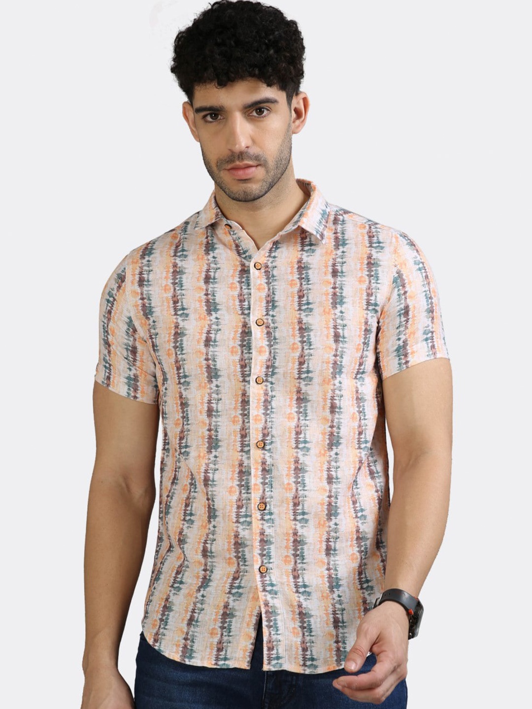 

BADMAASH Slim Fit Tie & Dye Short Sleeves Casual Shirt, Peach