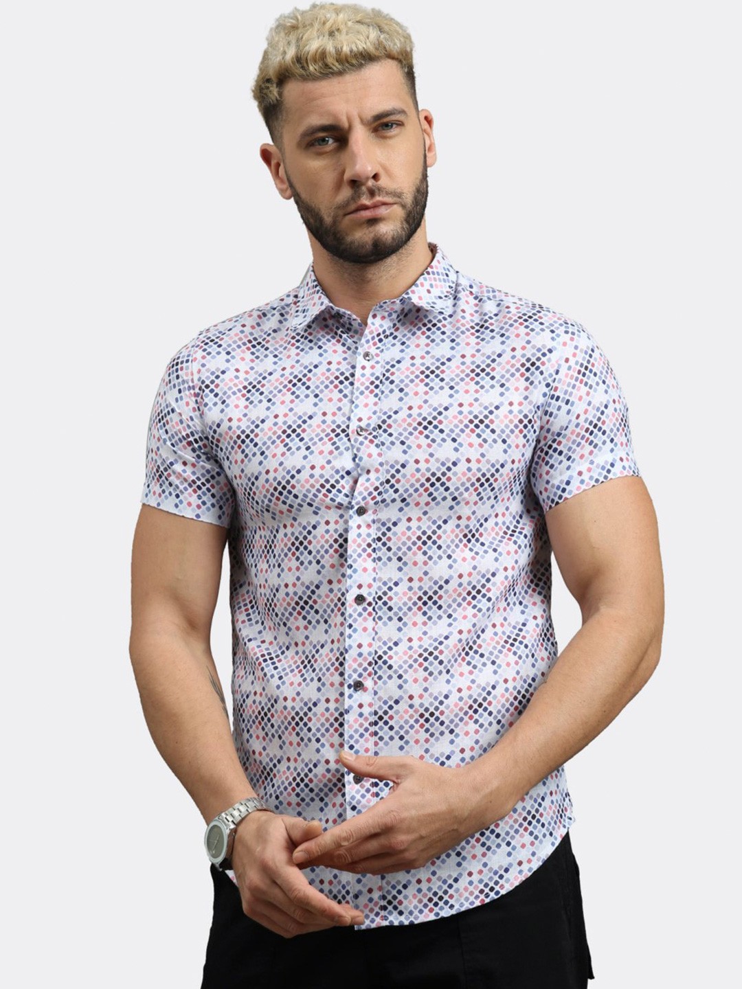 

BADMAASH Slim Fit Geometric Printed Spread Collar Casual Shirt, White