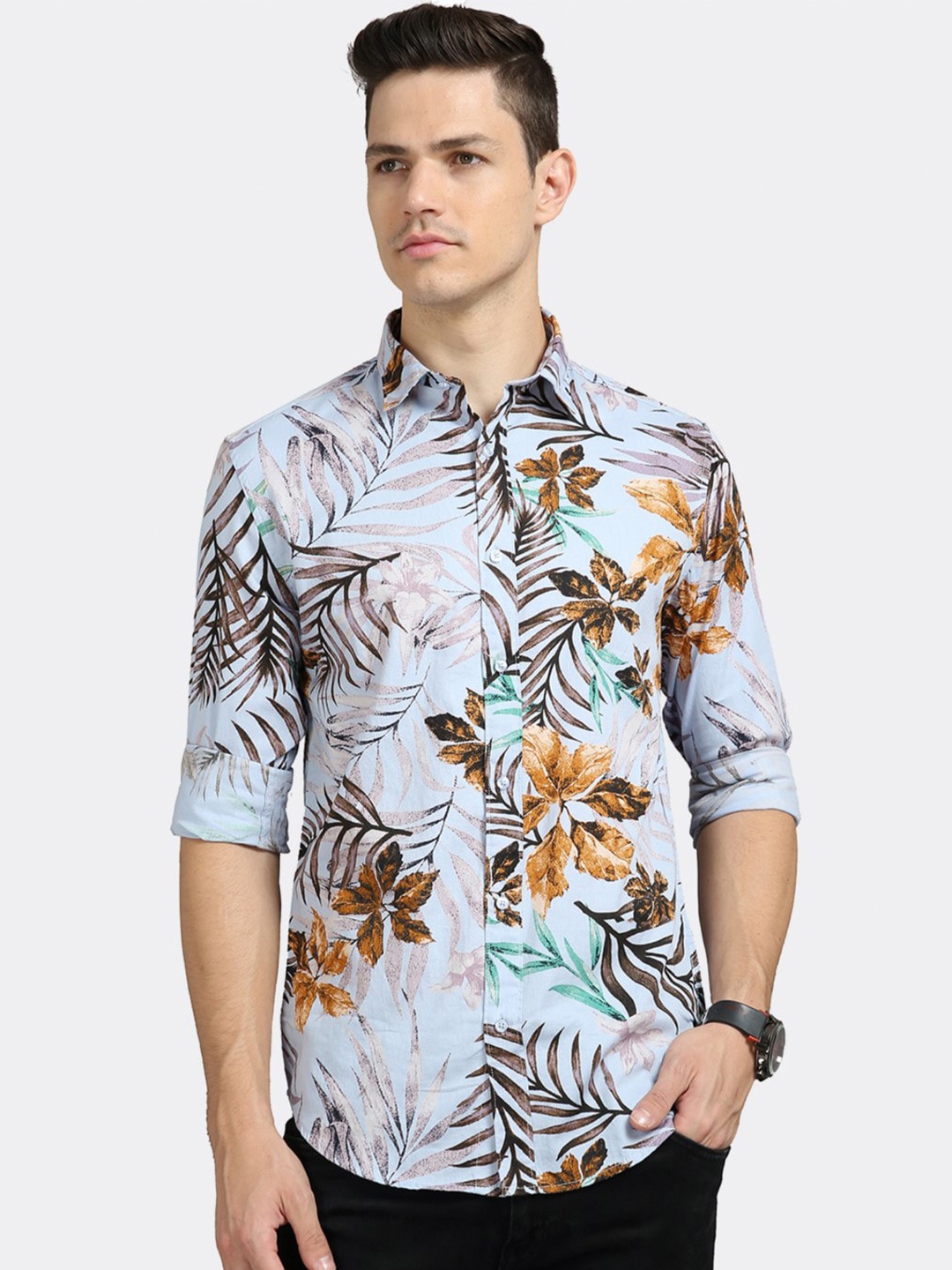 

BADMAASH Slim Fit Floral Printed Pure Cotton Casual Shirt, Blue
