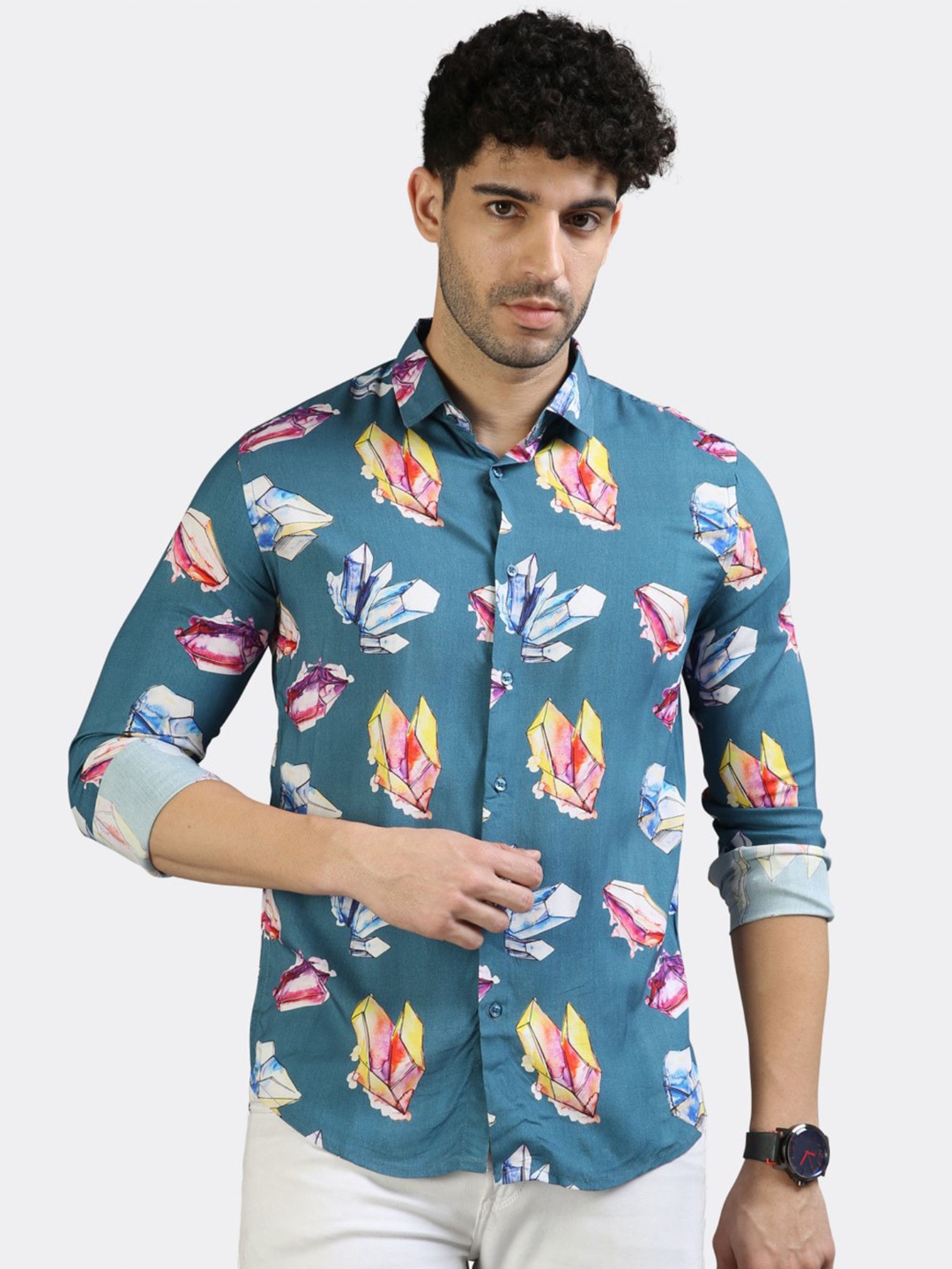 

BADMAASH Slim Fit Abstract Printed Casual Shirt, Blue