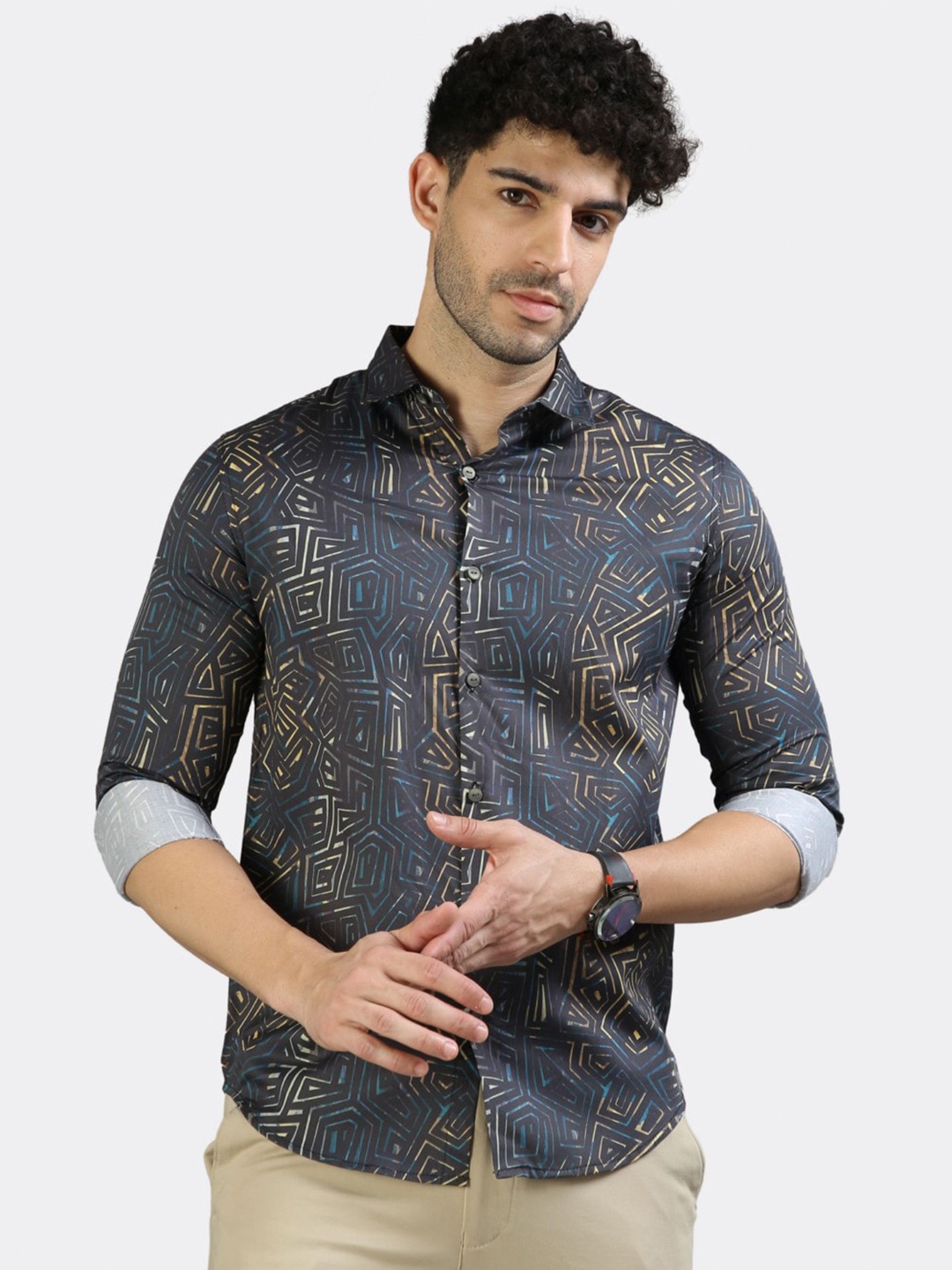 

BADMAASH Slim Fit Geometric Printed Pure Cotton Casual Shirt, Navy blue