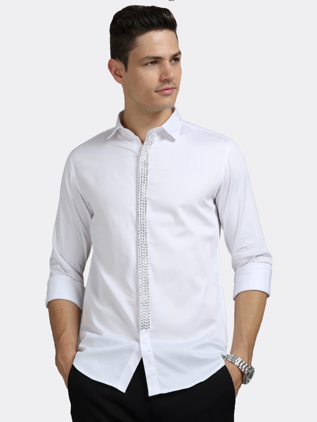 

BADMAASH Embellished Slim Fit Opaque Cotton Casual Shirt, White