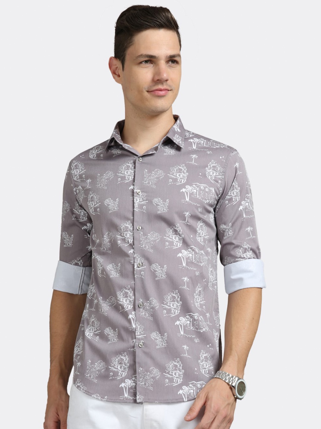 

BADMAASH Slim Fit Conversational Printed Casual Shirt, Brown